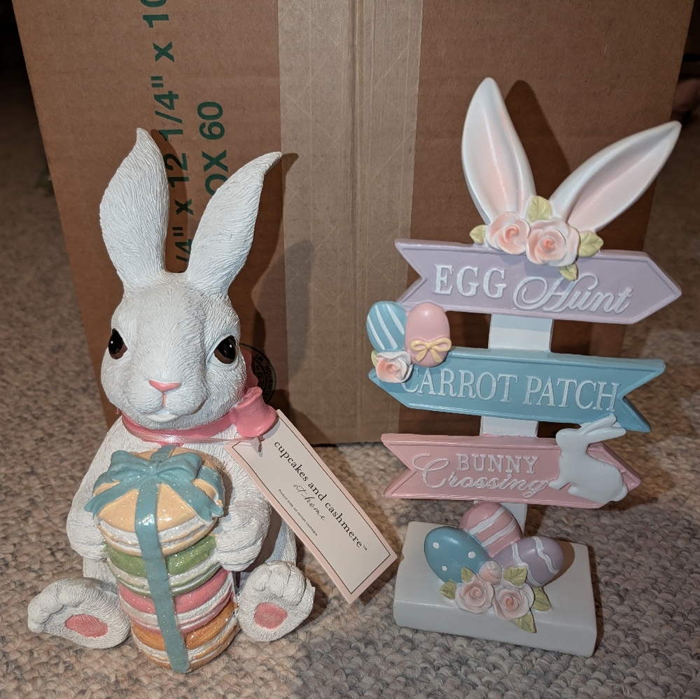Cupcakes & Cashmere Easter bunny figurine with pastel sign